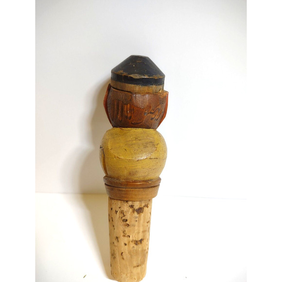 ANRI Bottle Stopper Italy Cork Vintage Wood Barware Man With Toothache Carved - Picture 3 of 4
